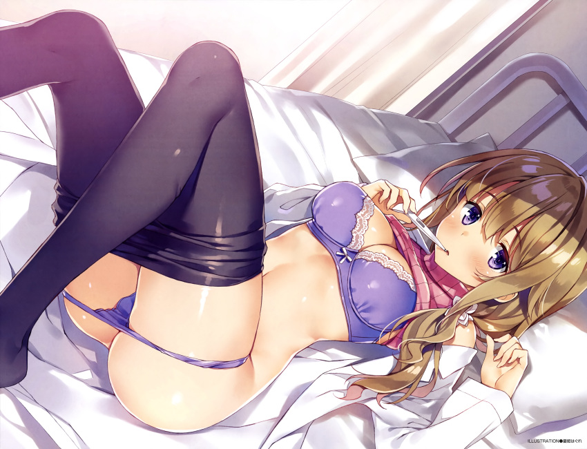 absurdres artist_name bangs beads bed bed_sheet blush bow bow_bra bra breasts brown_hair cleavage clothes_lift dengeki_moeou eyebrows_visible_through_hair fingernails highres holding indoors labcoat long_hair long_sleeves looking_at_viewer lying medium_breasts on_back open_clothes open_shirt panties panty_pull pantyhose pantyhose_pull parted_lips pillow purple_bra purple_eyes purple_panties scan shiny shiny_clothes shiny_skin sidelocks skindentation solo thermometer turtleneck underwear yuuki_hagure