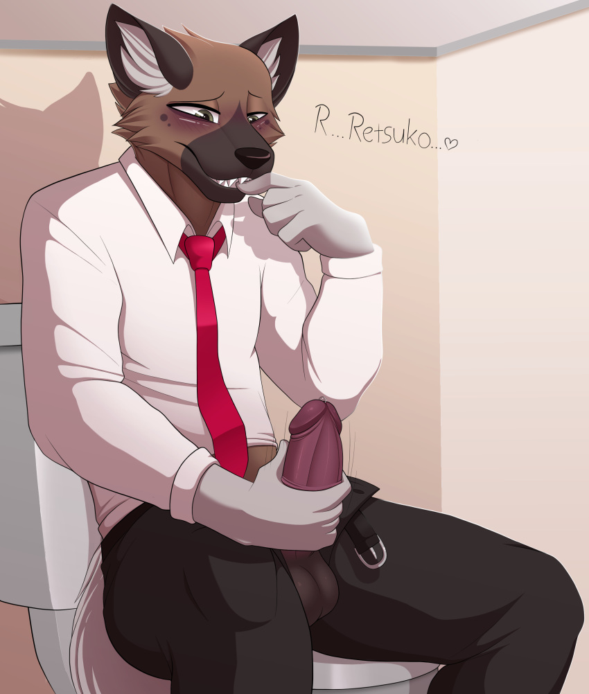 2018 aggressive_retsuko anthro balls bite biting_finger blush brown_fur clothed clothing digital_media_(artwork) drako1997 english_text erection finger_in_mouth fur haida hi_res humanoid_penis hyena male mammal masturbation necktie penile_masturbation penis penis_through_fly poking_out precum sanrio sitting solo teeth text toilet