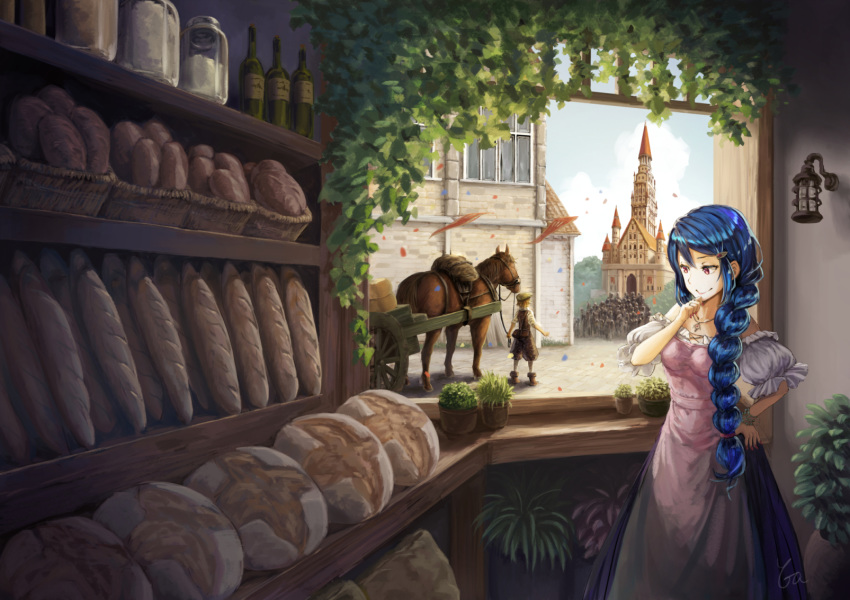 1girl :d baguette basket blue_hair blue_sky bottle braid bread brown_eyes brown_hat building cart cloud confetti crowd day dress fantasy food garutaisa hair_ornament hair_over_shoulder hand_on_hip hat highres horse indoors jewelry long_hair necklace open_mouth original plant potted_plant puffy_short_sleeves puffy_sleeves reins short_sleeves sky smile standing thumb_to_chin window