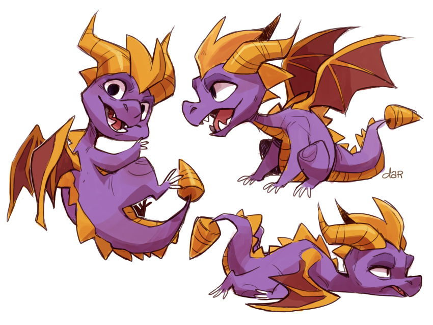barefoot claws cute dar-draws dragon fangs hi_res horn looking_at_viewer lying nude on_front open_mouth purple_skin scalie sharp_claws sharp_teeth sitting smile spyro spyro_the_dragon teeth toe_claws tongue video_games western_dragon wings
