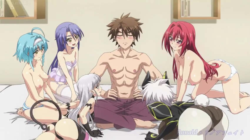 &gt;_&lt; 1boy 5girls :d :o abs ahoge all_fours ass bare_arms bare_shoulders barefoot bed blue_hair blush bra breasts butt_crack cleavage collarbone corset dark_skin detached_collar dimples_of_venus dress eyes_closed frilled_dress frills from_behind grey_hair hair_between_eyes hair_ornament hair_ribbon hairband harem highres hime_cut horns huge_ass indian_style large_breasts light_blue_hair lingerie long_hair multiple_girls muscle naruse_maria naruse_mio neck nightgown nonaka_kurumi nonaka_yuki open_mouth panties pantyshot pantyshot_(sitting) pointy_ears ponytail purple_eyes red_eyes red_hair red_legwear revealing_clothes ribbon scrunchie shinmai_maou_no_testament shiny shiny_clothes shiny_hair shiny_skin short_hair siblings sideboob silver_hair sisters sitting smile strapless tail thighhighs topless toujou_basara twintails underwear underwear_only white white_hair white_legwear yellow_eyes zest