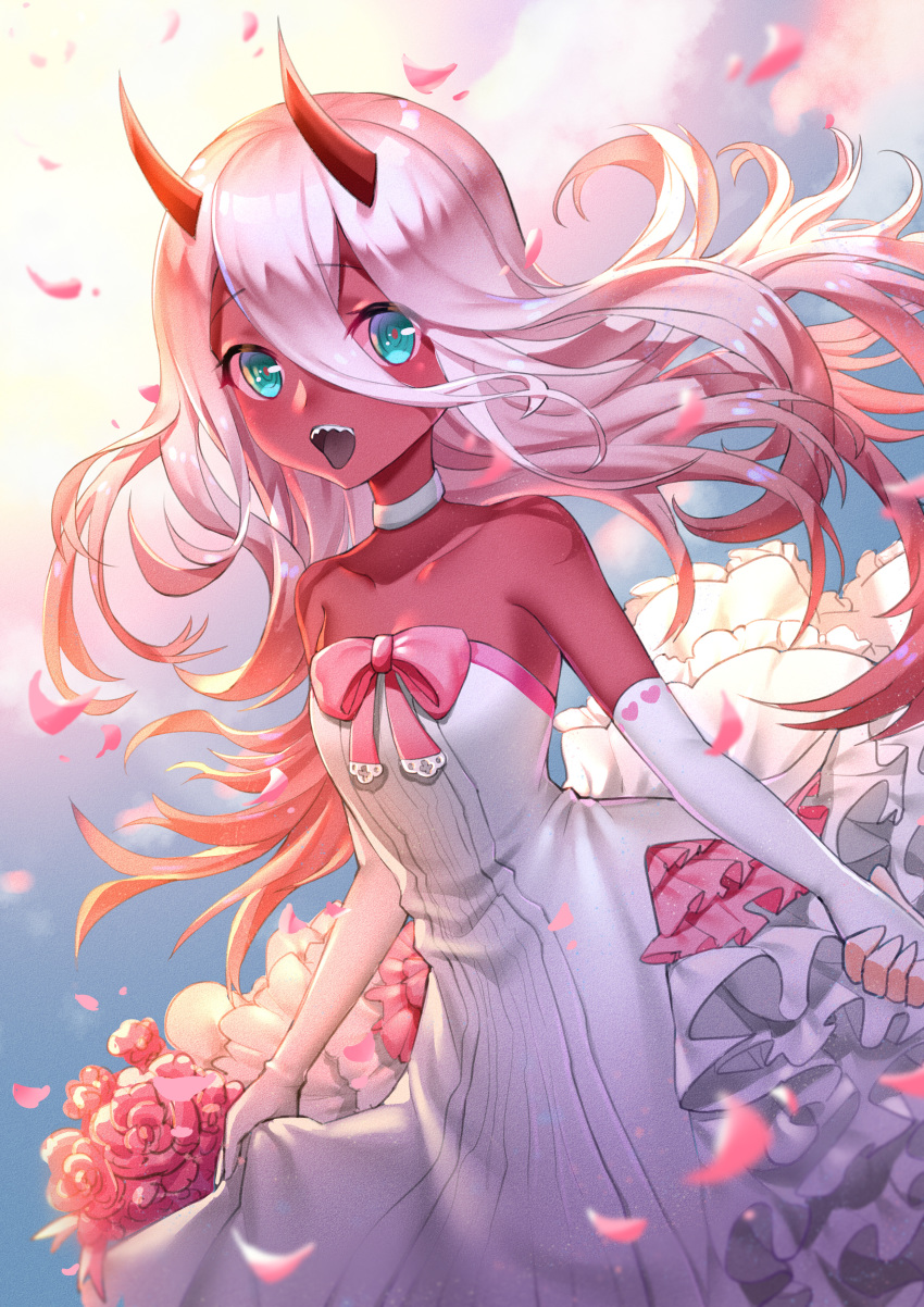 absurdres bare_shoulders boku_koyuki_mx bow breasts bride child choker cloud collarbone commentary_request darling_in_the_franxx dress elbow_gloves eyebrows_visible_through_hair flower frilled_dress frills gloves green_eyes hair_between_eyes highres horns long_hair looking_at_viewer oni_horns open_mouth petals pink_bow red_horns red_pupils red_skin sky sleeveless sleeveless_dress small_breasts solo spoilers strapless strapless_dress wedding_dress white_choker white_dress white_gloves younger zero_two_(darling_in_the_franxx)