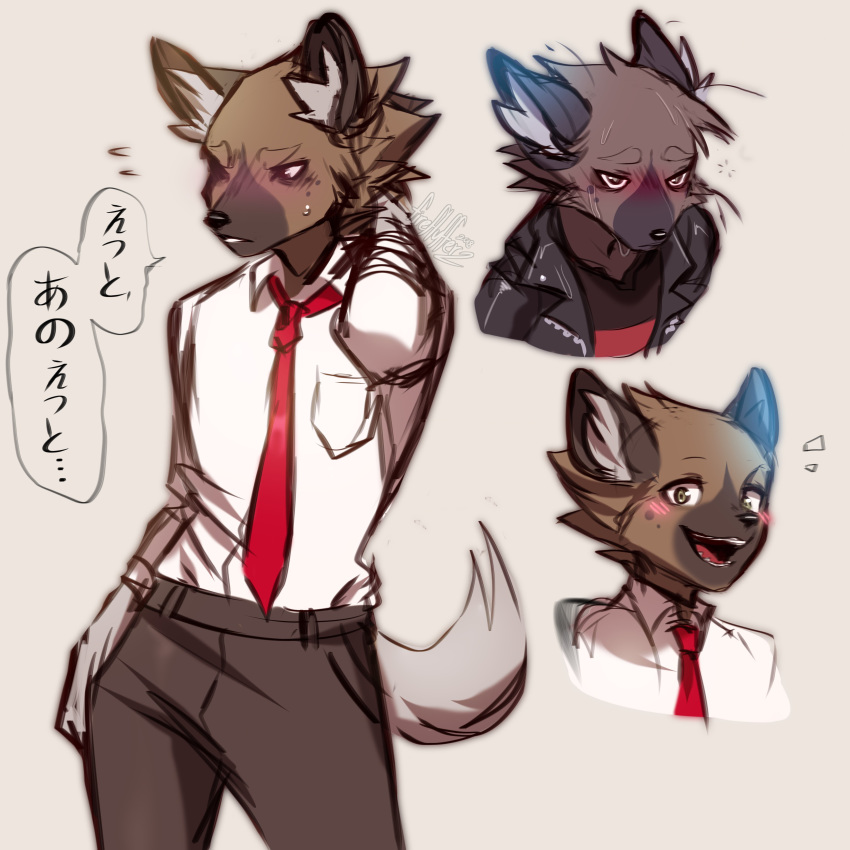 aggressive_retsuko blush business_attire collage embarrassed fireflufferz haida happy hi_res hyena japanese_text leather male mammal necktie sad sanrio sketch sweat text translated