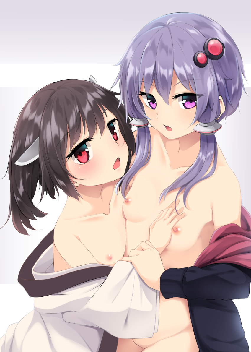 :o arai_togami bangs black_hair black_jacket blush breasts breasts_outside collarbone eyebrows_visible_through_hair flat_chest grey_background groin hair_ornament hair_tubes hairpin hand_on_another's_chest highres jacket japanese_clothes kimono kimono_pull long_sleeves looking_at_viewer multiple_girls naked_coat nipples no_bra no_panties no_pussy off_shoulder open_mouth red_eyes shiny shiny_hair short_hair short_hair_with_long_locks sidelocks small_breasts touhoku_kiritan upper_body v-shaped_eyebrows vocaloid voiceroid white_kimono wide_sleeves wrist_grab yuzuki_yukari