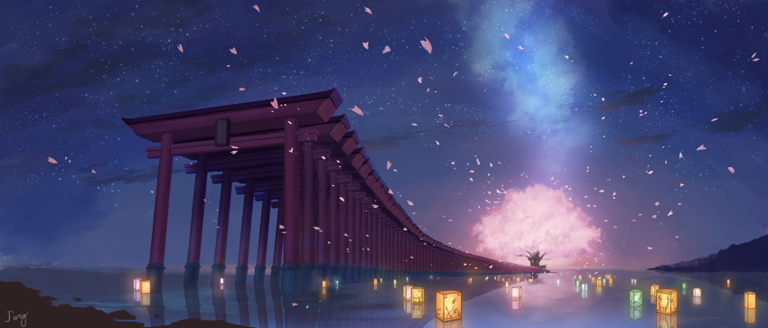 afloat afloat_lantern artist_name cherry_blossoms cloud commentary_request fantasy highres horizon jing_(jiunn1985matw) lantern leaves_in_wind milky_way night night_sky no_humans ocean original outdoors scenery sky star_(sky) starry_sky torii tree water