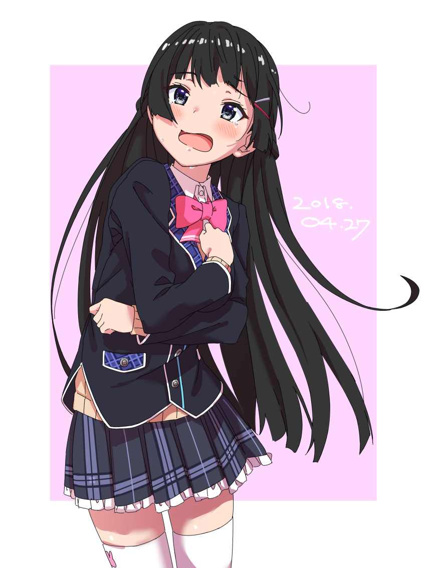 absurdres bangs black_hair black_jacket black_skirt blazer blush bow bowtie buttons commentary_request cowboy_shot dated frilled_skirt frills hair_ornament hairclip highres jacket karahai_(31448823) long_hair long_sleeves looking_at_viewer nijisanji open_mouth pink_bow pink_neckwear plaid plaid_skirt pleated_skirt pocket school_uniform self_hug shiny shiny_hair skirt standing tearing_up tears thighhighs tsukino_mito two-tone_background virtual_youtuber white_legwear zettai_ryouiki