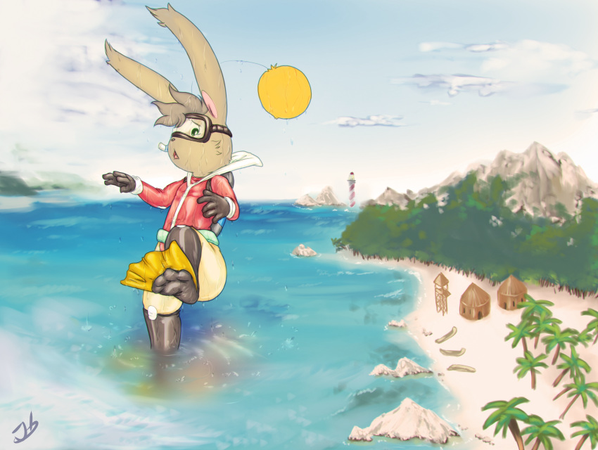 2018 4_toes 5_fingers absurd_res anthro beach brown_fur canoe cheek_tuft chromatic_aberration clothed clothing cub detailed_background eyewear final_fantasy fur goggles green_eyes growth hi_res hut lighthouse looking_down macro moogle mountain open_mouth outside palm_tree raised_inner_eyebrows raised_leg rubber sea seaside signature sky snorkel sorbet_(moogle) square_enix stormdragonblue toes tree tropical tuft video_games water wet wetsuit worried young