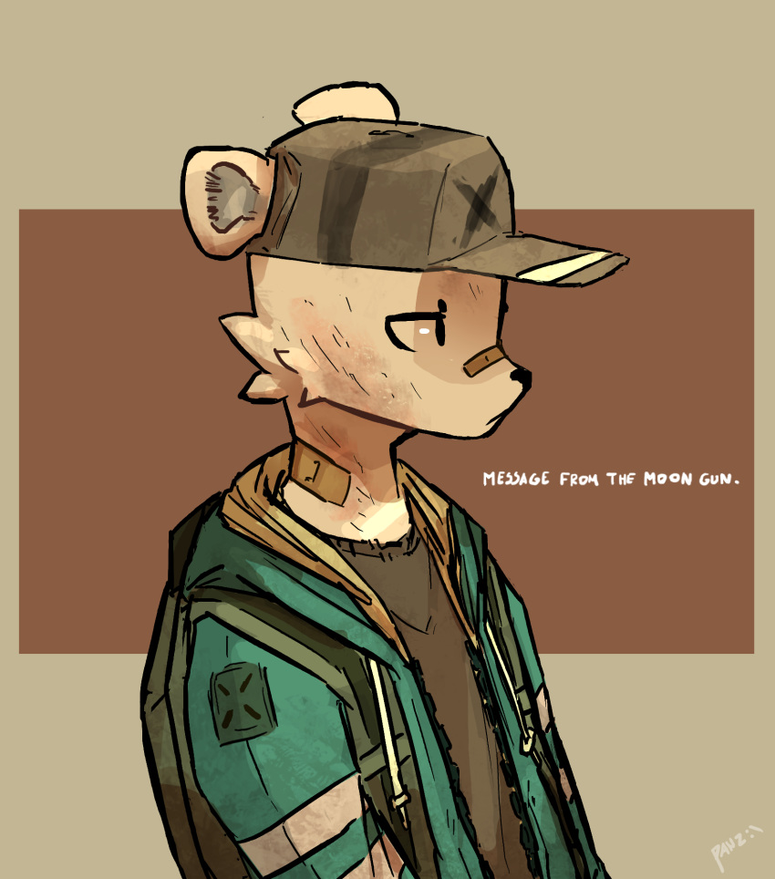 2018 anthro backpack band-aid bandage bear cheek_tuft clothed clothing english_text hat male mammal open_hoodie panzery25 pines_(panzery25) polar_bear signature solo text tuft