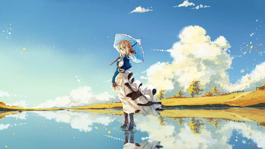 bangs blonde_hair blue_eyes blue_jacket boots braid brooch brown_footwear cloud commentary dress fence gloves hair_between_eyes hair_intakes hair_ribbon high_heel_boots high_heels highres holding holding_umbrella horizon jacket jewelry jin_yun lake long_skirt long_sleeves looking_to_the_side outdoors parasol red_ribbon reflection ribbon ripples skirt sky solo tree umbrella violet_evergarden violet_evergarden_(character) walking walking_on_liquid water white_skirt wind