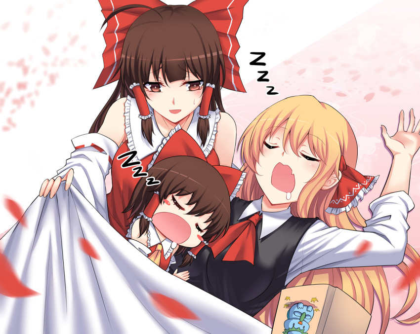 ascot bangs blonde_hair blunt_bangs blush_stickers bow brown_eyes brown_hair drooling fang hair_bow hair_tubes hakurei_reimu koissa long_sleeves lying multiple_girls older on_back open_mouth petals pink_background red_bow red_neckwear red_ribbon ribbon ribbon-trimmed_sleeves ribbon_trim rumia saliva sendai_hakurei_no_miko sleeping sweatdrop touhou two-tone_background under_covers vest white_background yellow_neckwear younger zzz