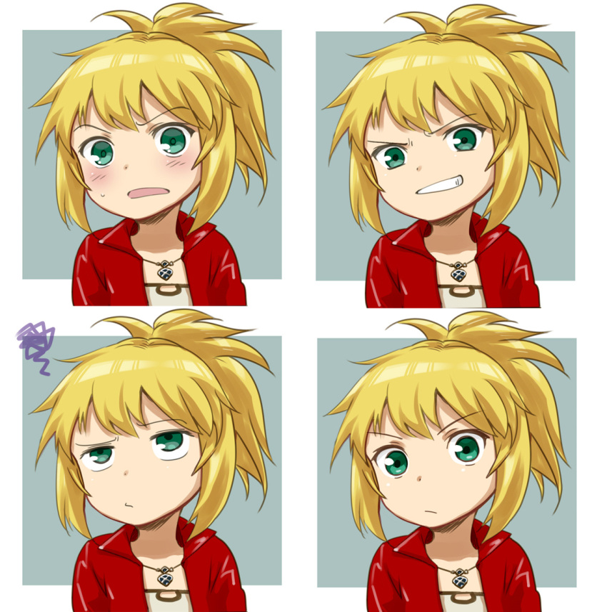 aoba_(smartbeat) aqua_eyes blonde_hair blush expressions fate/grand_order fate_(series) grin jacket jewelry mordred_(fate) mordred_(fate)_(all) multiple_views necklace red_jacket short_hair short_ponytail smile spiked_hair sweatdrop younger