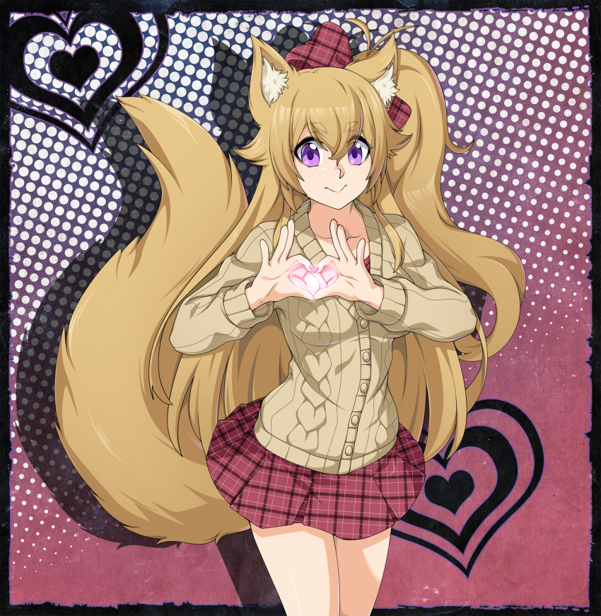 animal_ears aran_sweater blush borrowed_character bow breasts cardigan commentary commission dog_ears dog_tail english_commentary eyebrows_visible_through_hair glowing hair_bow heart heart_hands highres light_brown_hair long_hair looking_at_viewer original plaid plaid_bow plaid_shirt plaid_skirt polka_dot polka_dot_background purple_eyes shirt short_eyebrows skirt small_breasts solo spike_wible standing sweater tail tail_raised unmoving_pattern