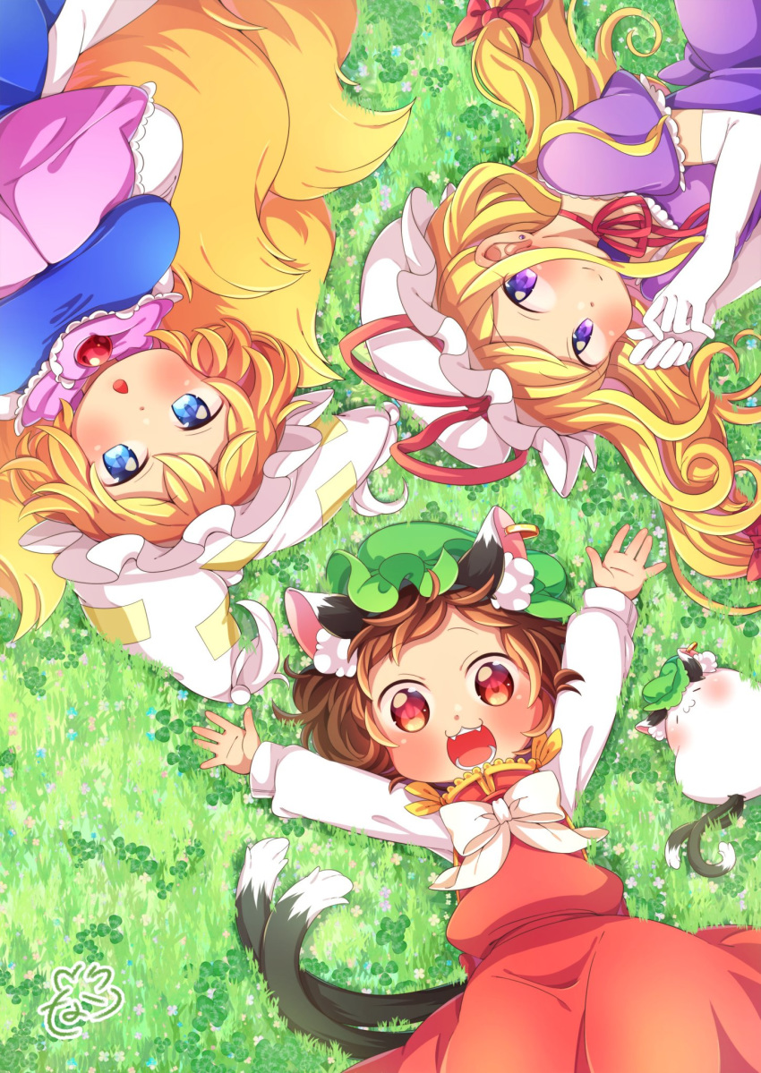 :3 :d animal_ear_fluff animal_ears arm_above_head blonde_hair blue_eyes blush bow brown_hair cat_ears cat_tail chen chen_(cat) chestnut_mouth clover cowboy_shot dress elbow_gloves fangs fingers_together fox_tail from_above gloves grass hair_ribbon hands_in_opposite_sleeves hat hat_ribbon hat_with_ears high_collar highres ibaraki_natou long_hair long_sleeves looking_at_viewer lying mob_cap multiple_girls multiple_tails neck_ribbon on_back on_grass on_ground on_side open_mouth puffy_short_sleeves puffy_sleeves purple_dress red_eyes red_ribbon red_skirt red_vest ribbon shirt short_hair short_sleeves signature skirt smile tabard tail tassel teeth touhou tress_ribbon vest white_bow white_gloves white_shirt yakumo_ran yakumo_yukari