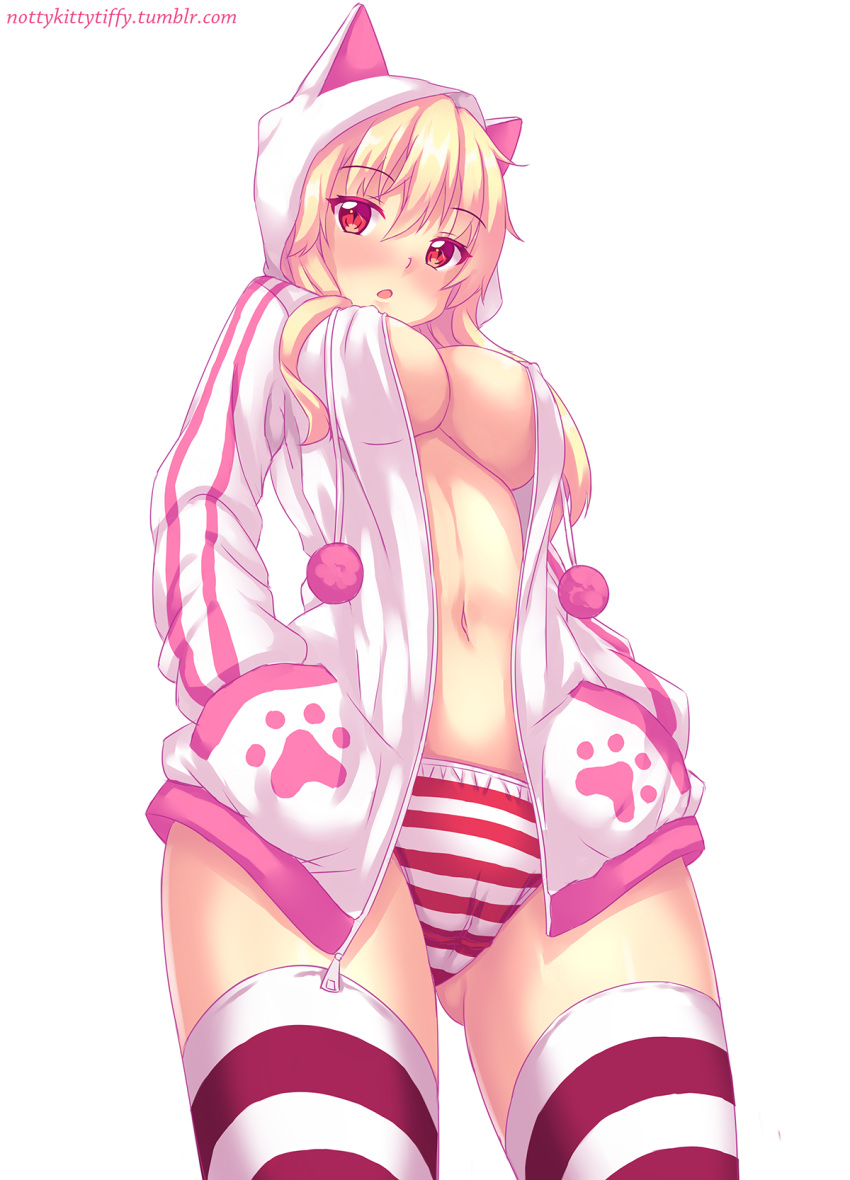 :o animal_ears animal_hood artist_name ass_visible_through_thighs bangs blonde_hair blush breasts cameltoe cat_hood colored_eyelashes covered_nipples double_vertical_stripe drawstring eyebrows_visible_through_hair fake_animal_ears fast-runner-2024 hair_between_eyes hands_in_pockets highres hood hood_up hoodie large_breasts long_hair long_sleeves looking_at_viewer naala navel no_bra nose_blush open_clothes open_hoodie open_mouth original panties paw_print pom_pom_(clothes) red_eyes shiny shiny_hair shirt simple_background slit_pupils solo stomach striped striped_legwear striped_panties thighs underwear watermark web_address white_background white_hoodie