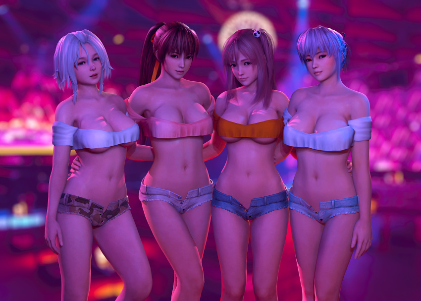 3d 4girls asymmetrical_hair ayane_(doa) bangs bare_legs bare_thighs belly breasts brown_hair camouflage censored clavicle cleavage closed_mouth clothed_female curvaceous cutoffs dead_or_alive denim denim_shorts female hair_between_eyes hair_ornament hand_on_another's_hip hips honoka_(doa) kasumi_(doa) legs lips long_hair long_ponytail looking_at_viewer luna_(doa) midriff multiple_girls navel no_bra off_shoulder open_clothes open_fly orange_ribbon pink_hair ponytail purple_hair radianteld ribbon shiny shiny_hair shiny_skin short short_hair short_shorts shorts side_ponytail smile source_filmmaker standing stomach thighs tied_hair unbuttoned unbuttoned_pants unzipped very_long_hair white_hair wide_hips