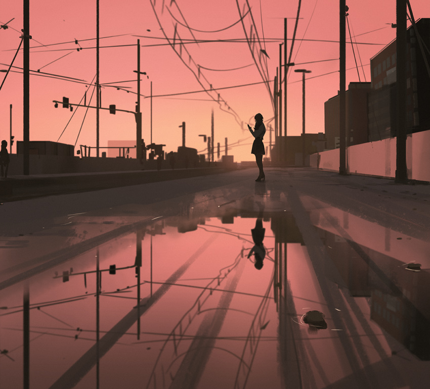 backlighting cellphone commentary high_heels long_hair original phone power_lines reflection scenery sketch skirt sky smartphone snatti solo sunset telephone_pole train_station train_station_platform water