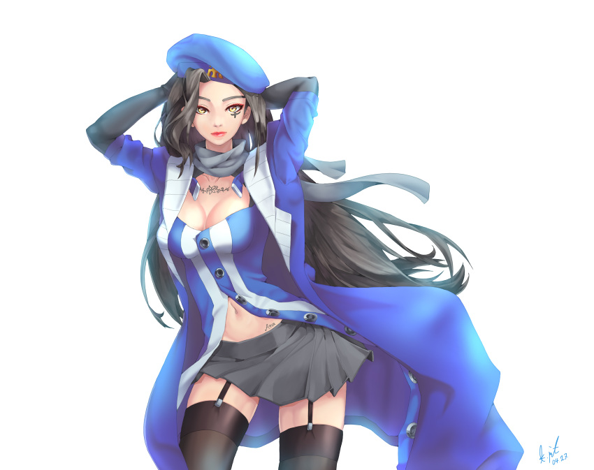 absurdres adapted_costume alternate_costume ana_(overwatch) arms_behind_head black_hair black_legwear black_skirt blue_shirt breasts brown_eyes buttons captain_amari character_name cleavage cowboy_shot dark_skin dated eye_of_horus facial_mark facial_tattoo garter_straps highres jacket large_breasts lips long_hair long_sleeves looking_at_viewer miniskirt mute_(c20029) navel overwatch partially_unbuttoned shirt simple_background skirt solo tattoo thighhighs trench_coat white_background younger
