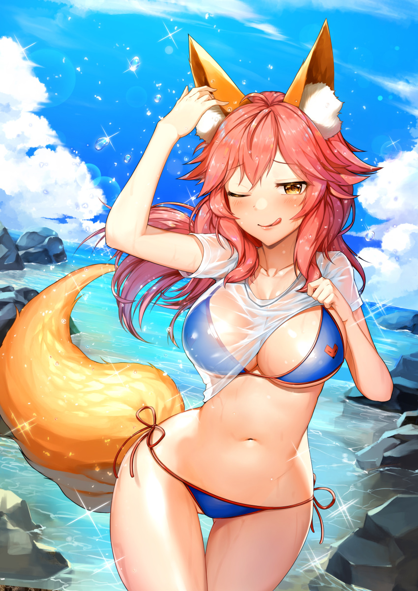 animal_ears bikini caster_(fate/extra) fate/extra fate/stay_night jai_(whany1998) swimsuits tail