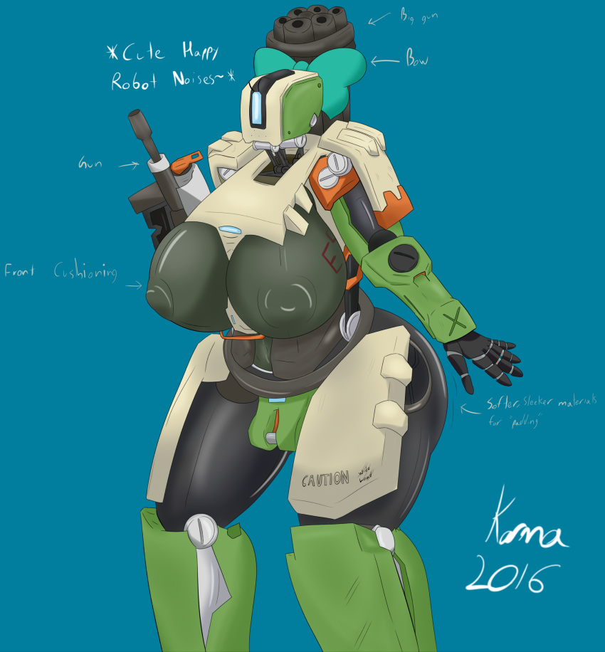 1_eye 2016 bastion_(overwatch) big_breasts blue_background bow breasts crossgender english_text eyelashes female hair_bow hair_ribbon hi_res huge_breasts kawmapkarma machine nipples not_furry omnic overwatch pussy ribbons robot simple_background solo text video_games