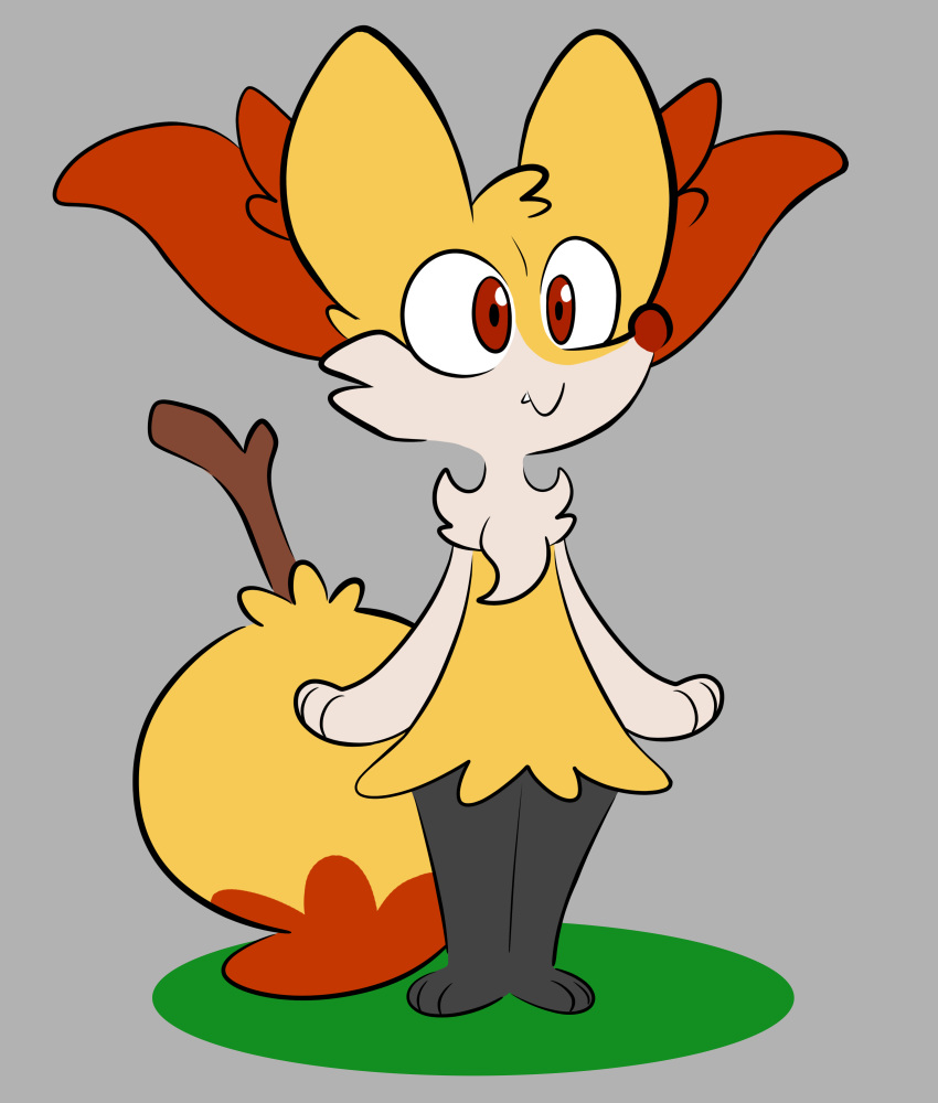 2018 absurd_res ambiguous_gender anthro black_fur braixen canine cheek_tuft digital_media_(artwork) fangs fur hi_res inner_ear_fluff kurus37 mammal nintendo orange_eyes pok&eacute;mon pok&eacute;mon_(species) simple_background smile solo stick tuft video_games white_fur yellow_fur