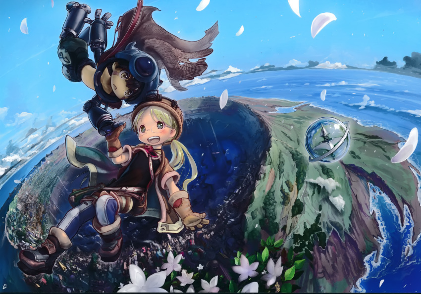 1girl absurdres blonde_hair blue_eyes blush brown_hair day feathers flower flying glasses gloves hat highres island long_hair looking_at_another made_in_abyss official_art open_mouth outdoors petals regu_(made_in_abyss) riko_(made_in_abyss) scan short_hair sky smile star_compass tsukushi_akihito twintails whistle whistle_around_neck yellow_eyes