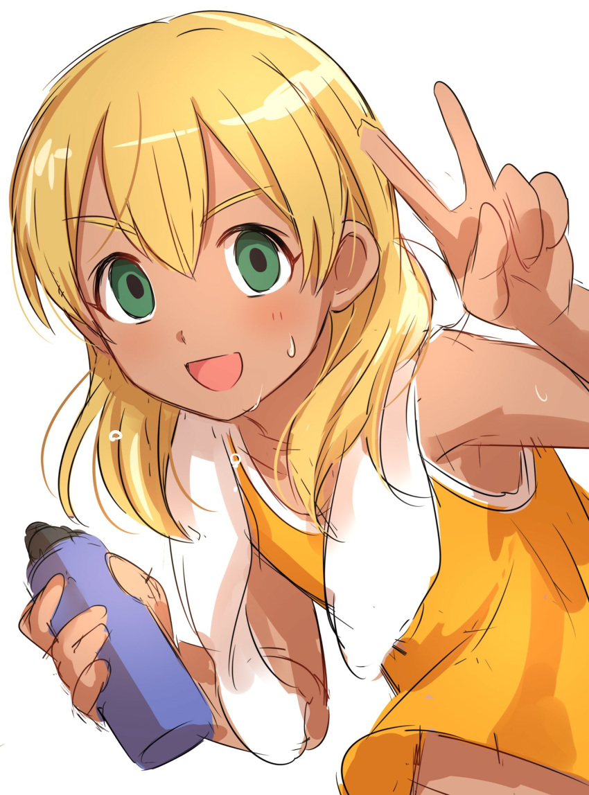 :d blonde_hair blush commentary dark_skin green_eyes highres holding inazuma_eleven inazuma_eleven_(series) leaning_forward long_hair looking_at_viewer male_focus medium_hair miyasaka_ryou open_mouth orange_skirt sekina shirt simple_background sketch skirt sleeveless sleeveless_shirt smile solo sweat towel upper_body v wet white_background