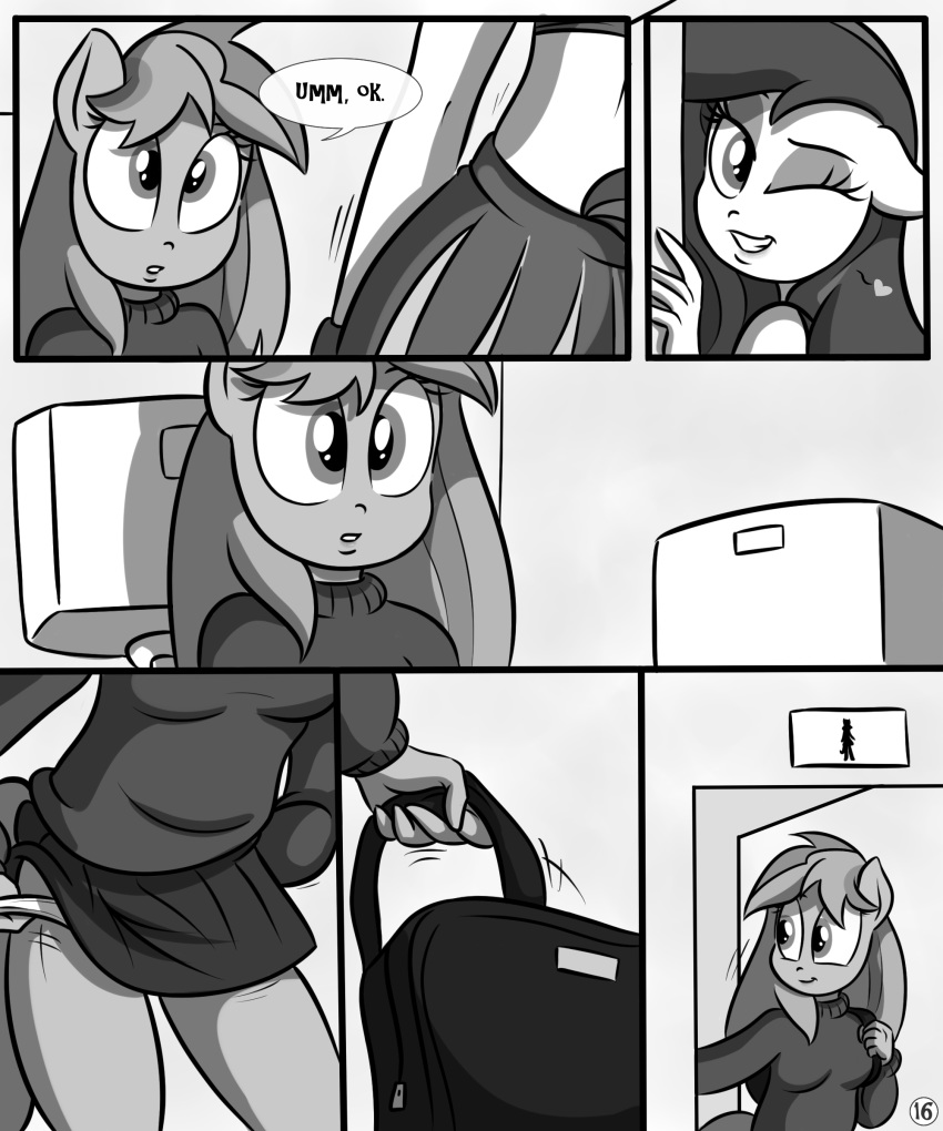 &lt;3 anthro breasts comic dialogue english_text equine female female/female greyscale hair hi_res horse killryde lust_from_afar mammal monochrome my_little_pony one_eye_closed pony text wink