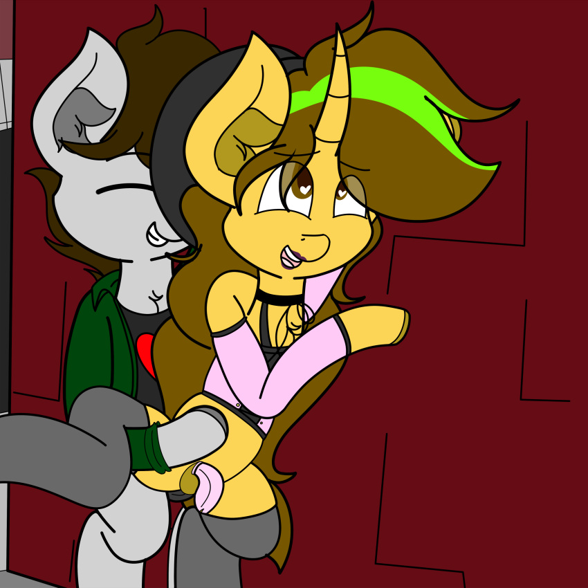 alley_way anthro awkward_dork brown_eyes chastity_cage clothed clothing crossdressing duo equine girly legwear lipstick makeup male male/male mammal my_little_pony open_mouth penis stockings submissive_male theawkwarddork