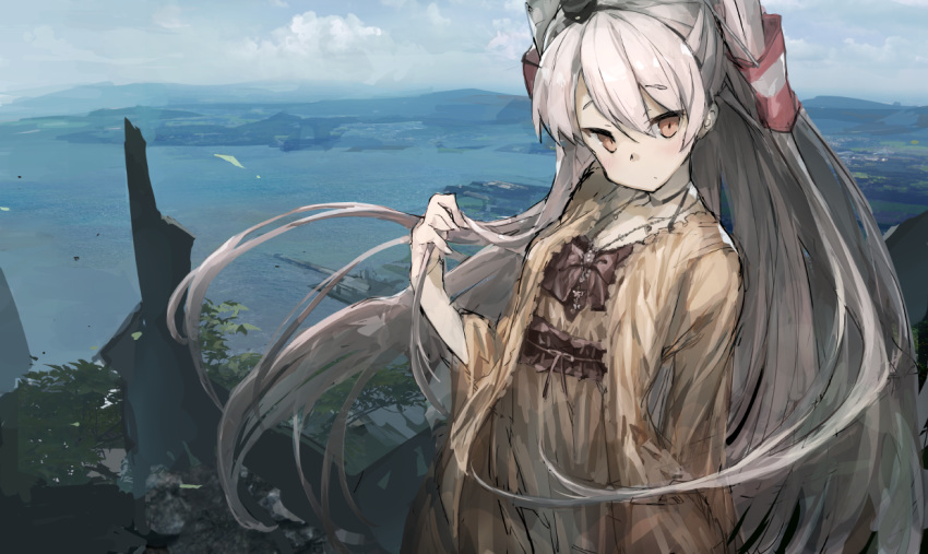 alternate_costume amatsukaze_(kantai_collection) arm_behind_back bangs blush breasts brown_eyes cardigan casual choker closed_mouth cloud collarbone dock dress eyebrows_visible_through_hair floating_hair hair_between_eyes hair_tubes hairband holding holding_hair jewelry kantai_collection long_hair looking_at_viewer mountainous_horizon necklace ocean open_cardigan open_clothes outdoors ph. scenery silver_hair small_breasts smokestack_hair_ornament solo two_side_up very_long_hair water wind wind_lift windsock