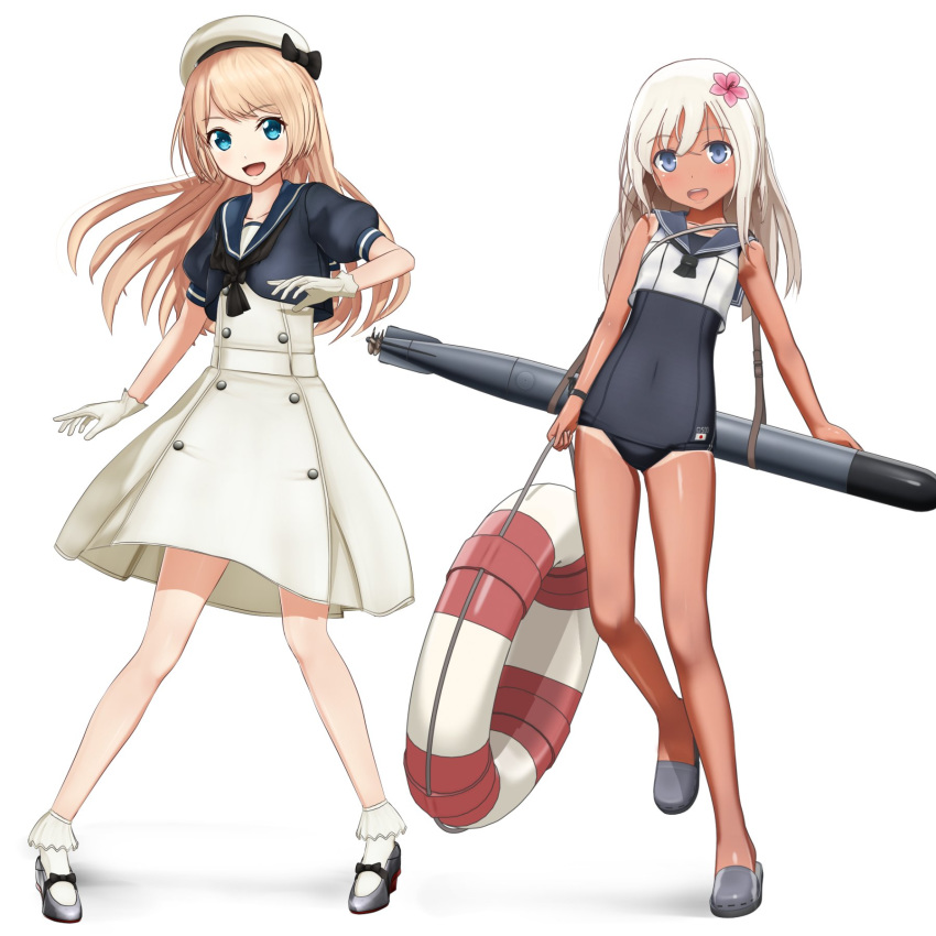 3d blonde_hair blue_eyes blue_sailor_collar crop_top dress flower full_body gloves hair_flower hair_ornament hat highres jervis_(kantai_collection) kantai_collection lifebuoy long_hair looking_at_viewer mikumikudance multiple_girls one-piece_swimsuit one-piece_tan open_mouth ponpu-chou ro-500_(kantai_collection) sailor_collar sailor_dress sailor_hat school_swimsuit short_sleeves simple_background smile standing swimsuit swimsuit_under_clothes tan tanline torpedo white_background white_dress white_gloves white_hat