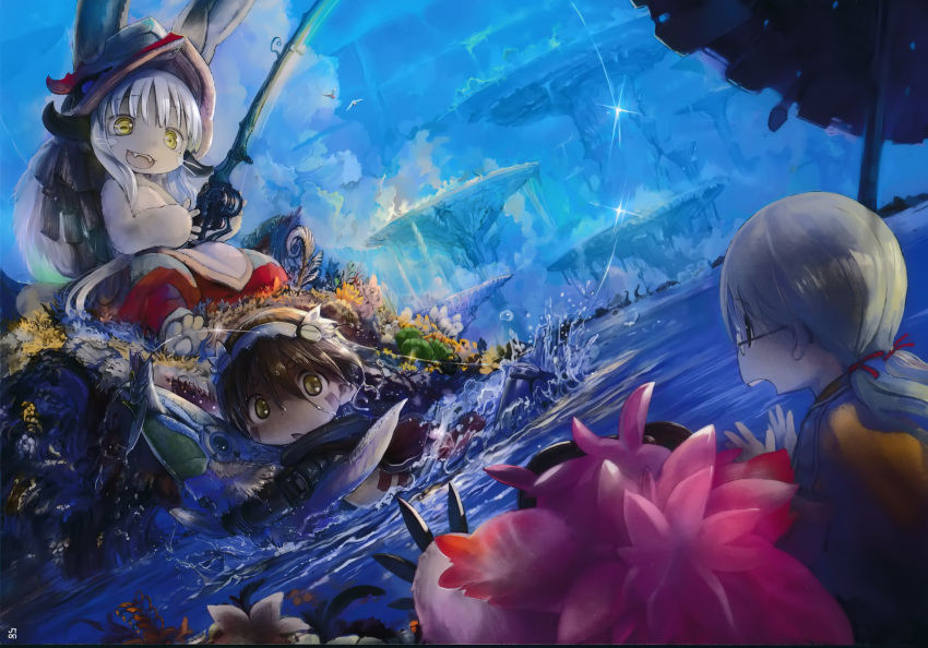 1girl 1other absurdres animal_ears blonde_hair blush brown_hair bunny_ears fishing_rod furry hair_ribbon highres holding holding_fishing_rod long_hair looking_at_another made_in_abyss mitty_(made_in_abyss) multiple_girls nanachi_(made_in_abyss) official_art open_mouth parted_lips red_ribbon regu_(made_in_abyss) ribbon riko_(made_in_abyss) scan short_hair smile swimming tsukushi_akihito twintails water white_hair yellow_eyes