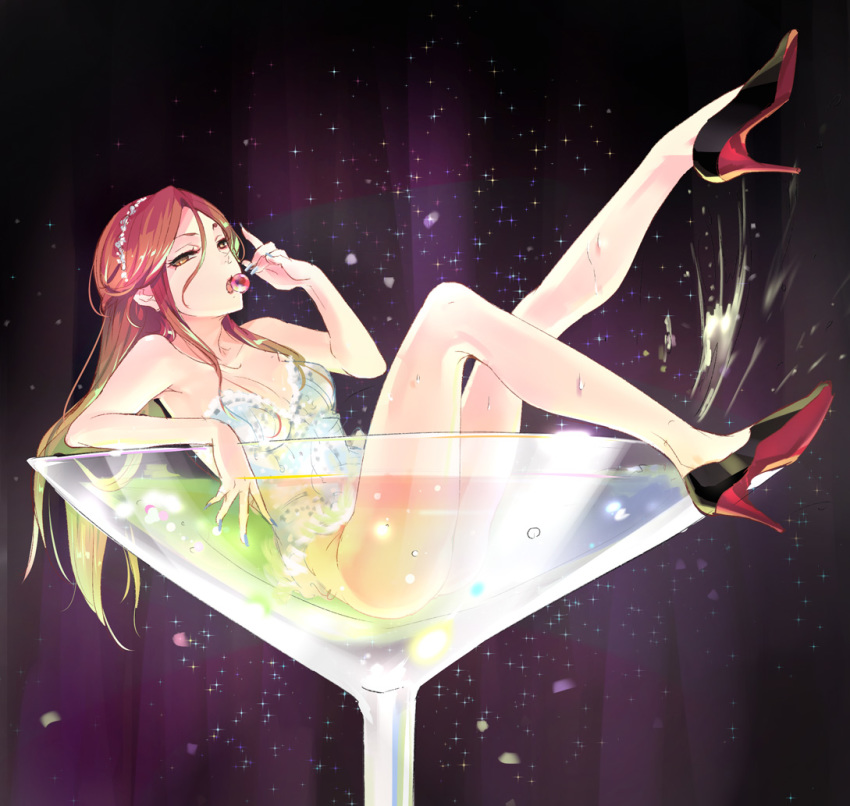 bare_shoulders blue_nails bottomless breasts brown_eyes brown_hair cherry cleavage cocktail_glass corset cup drinking_glass food fruit full_body hairband high_heels holding holding_food holding_fruit idolmaster idolmaster_cinderella_girls long_hair looking_at_viewer medium_breasts nail_polish null_(chronix) open_mouth oversized_object partially_submerged solo sparkle splashing zaizen_tokiko