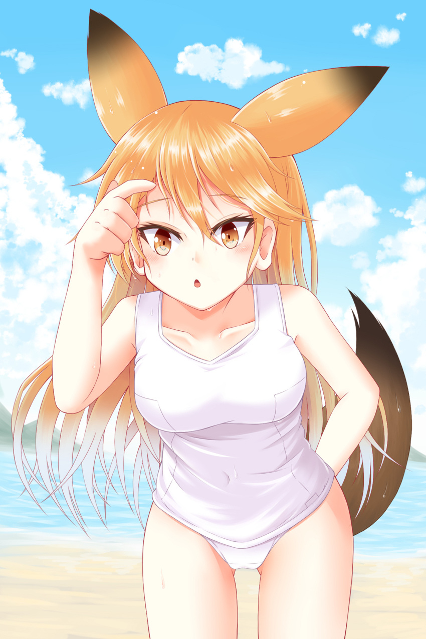 animal_ears arms_behind_back beach blonde_hair breasts brown_hair collarbone colored_eyelashes commentary_request day extra_ears ezo_red_fox_(kemono_friends) fox_ears fox_tail highres kemono_friends long_hair ocean one-piece_swimsuit open_mouth school_swimsuit sky solo sora_(sunday_sky) swimsuit tail tail_raised white_school_swimsuit white_swimsuit