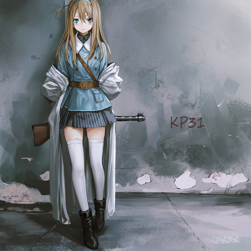 ankle_boots bangs belt black_footwear blonde_hair blue_eyes blush boots breasts brown_hair buckle character_name closed_mouth coat commentary_request double-breasted eyebrows_visible_through_hair full_body girls_frontline gun hair_between_eyes hair_ornament hairband highres holding holding_gun holding_weapon infukun jacket long_hair looking_at_viewer medium_breasts off_shoulder sidelocks skindentation skirt solo standing striped striped_skirt submachine_gun suomi_kp/-31 suomi_kp31_(girls_frontline) thighhighs thighs weapon white_legwear