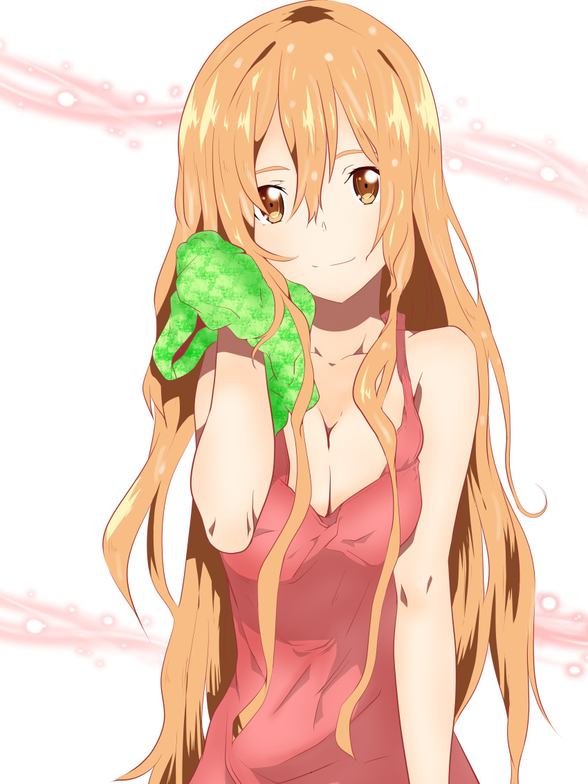 absurdres after_shower asuna_(sao) blonde_hair breasts brown_eyes cleavage collarbone covered_navel dress hair_between_eyes head_tilt highres large_breasts long_hair looking_at_viewer makuragi19 red_dress shirt sleeveless sleeveless_shirt smile solo sword_art_online upper_body very_long_hair wet wet_clothes wet_shirt white_background