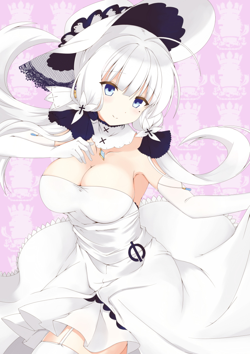absurdres ahoge armlet armpits azur_lane bangs bare_shoulders blue_eyes blush breasts choker cleavage closed_mouth collarbone commentary_request cowboy_shot dress elbow_gloves eyebrows_visible_through_hair floating_hair garter_straps gloves hair_ornament hair_ribbon hat head_tilt highres illustrious_(azur_lane) lace-trimmed_hat large_breasts long_hair looking_at_viewer low_ponytail mamizu mole mole_under_eye ponytail ribbon sapphire_(stone) sidelocks skirt_hold smile solo strapless strapless_dress sun_hat thighhighs thighs tress_ribbon white_dress white_gloves white_hair white_hat