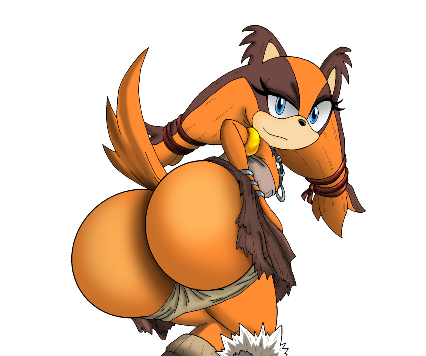 2017 anthro badger bandeau blue_eyes brown_bottomwear brown_hair butt clothing crop_top female flashing fur hair jewelry looking_at_viewer mammal mustelid necklace orange_fur panties shirt simple_background skirt solo sonic_(series) sonic_boom sticks_the_jungle_badger underwear white_background