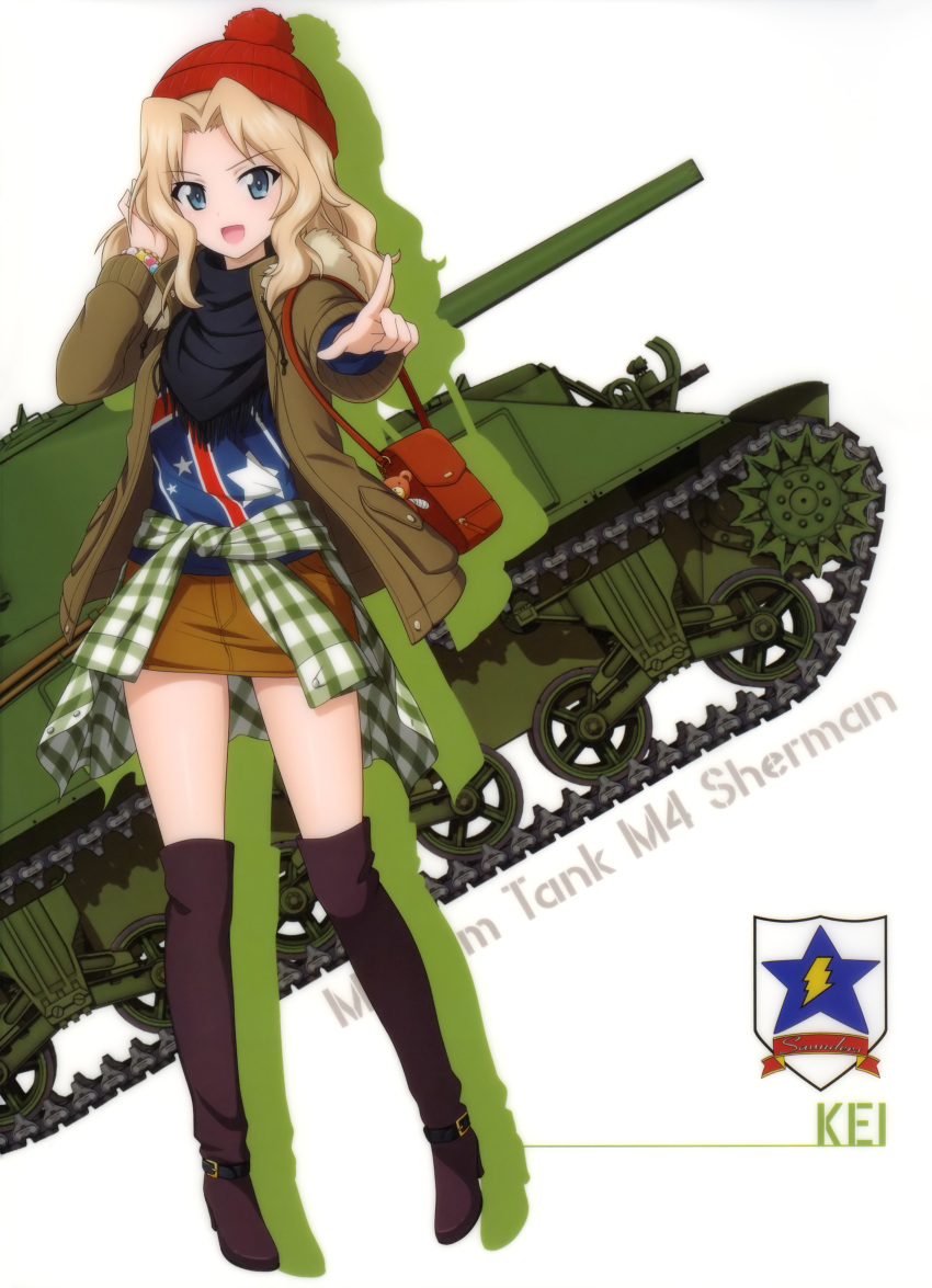 absurdres beanie blue_eyes boots brown_footwear brown_jacket brown_skirt character_name clothes_around_waist eyebrows_visible_through_hair full_body girls_und_panzer ground_vehicle hand_in_hair hat highres index_finger_raised jacket kay_(girls_und_panzer) light_brown_hair long_hair looking_at_viewer m4_sherman military military_vehicle miniskirt motor_vehicle official_art open_clothes open_jacket pleated_skirt red_hat skirt solo standing tank thigh_boots thighhighs white_background