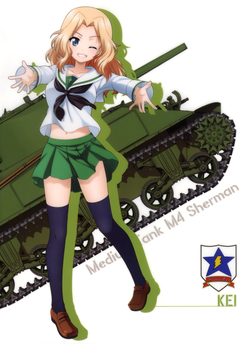 absurdres black_neckwear blonde_hair blue_eyes blue_legwear brown_footwear character_name collarbone full_body girls_und_panzer grin ground_vehicle highres kay_(girls_und_panzer) loafers long_hair m4_sherman midriff military military_vehicle miniskirt motor_vehicle navel official_art one_eye_closed ooarai_school_uniform outstretched_arms pleated_skirt school_uniform serafuku shirt shoes skirt smile solo standing stomach tank thighhighs uniform white_background white_shirt zettai_ryouiki