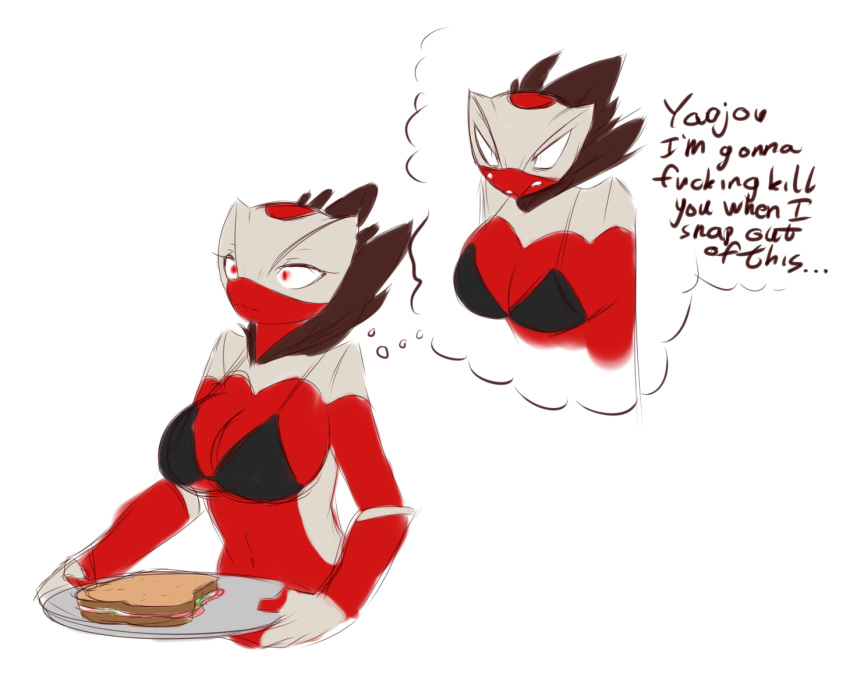 2016 angry anthro averyshadydolphin big_breasts bra breasts calamity clothed clothing digital_media_(artwork) dragon female food frustration fur hypnosis markings mind_control plate red_eyes red_skin sandwich_(food) scalie snout solo standing text underwear white_markings white_skin