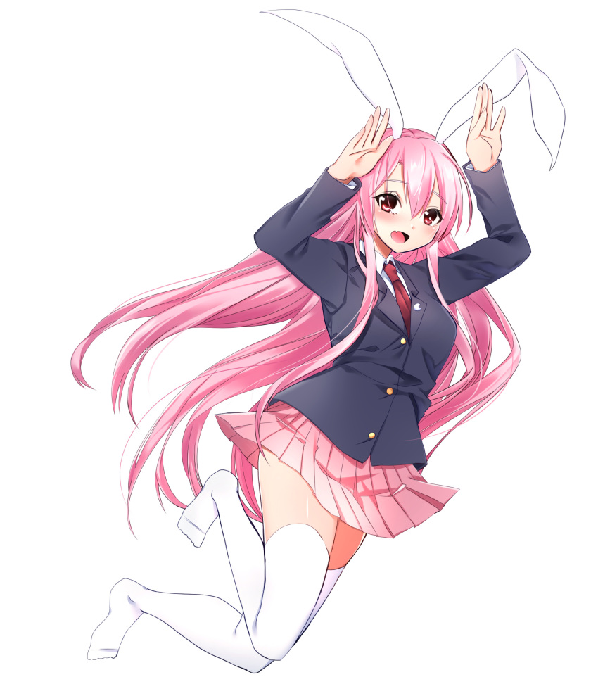 :d absurdres animal_ears arms_up black_jacket blazer blush bunny_ears collared_shirt crescent crescent_moon_pin fang full_body highres jacket long_hair long_sleeves looking_at_viewer miniskirt necktie no_shoes open_mouth pink_hair pink_skirt pleated_skirt red_eyes red_hair reisen_udongein_inaba school_uniform shirt simple_background skirt smile solo straight_hair thighhighs touhou very_long_hair white_background white_legwear wing_collar yukina_(masyumaro610) zettai_ryouiki