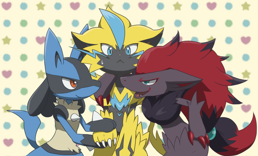 :&lt; ambiguous_gender anthro blue_eyes canine claws close-up enone fangs feline fur hair long_ears long_hair looking_at_viewer lucario mammal nintendo nude open_mouth pok&eacute;mon pok&eacute;mon_(species) red_eyes sharp_claws sharp_teeth smile spikes standing sweat teal_eyes teeth tongue video_games zeraora zoroark