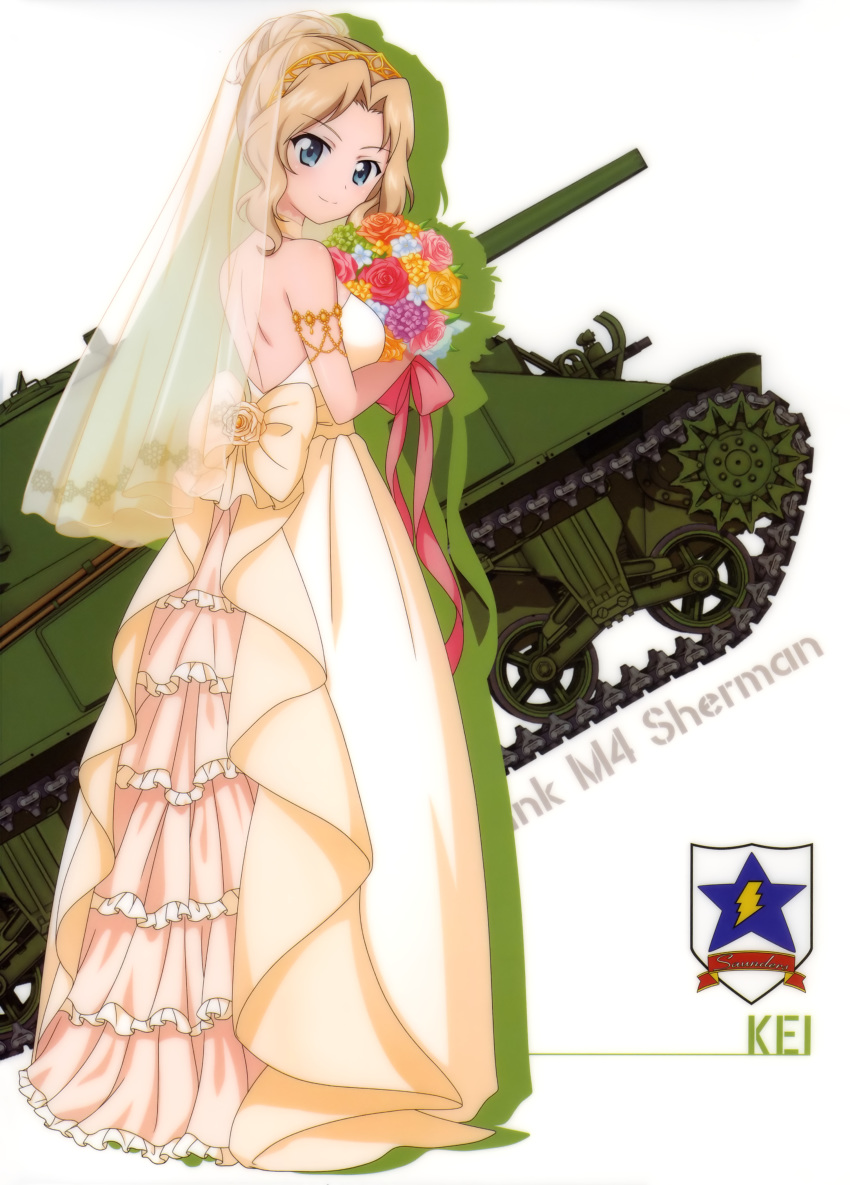 absurdres back_bow blue_eyes bouquet bow breasts bridal_veil character_name diadem dress flower from_behind full_body girls_und_panzer ground_vehicle head_tilt highres holding holding_bouquet kay_(girls_und_panzer) layered_dress light_brown_hair long_dress long_hair looking_at_viewer looking_back m4_sherman medium_breasts military military_vehicle motor_vehicle pink_ribbon ribbon sideboob sleeveless sleeveless_dress solo standing strapless strapless_dress tank tied_hair veil wedding_dress white_background yellow_bow yellow_dress