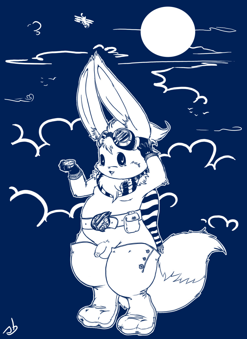 2008 absurd_res aircraft airplane anthro blue_and_white crotch_tuft cute digital_drawing_(artwork) digital_media_(artwork) eevee eyewear fluffy fluffy_tail goggles hi_res male mammal monochrome nintendo pok&eacute;mon pok&eacute;mon_(species) solo stormdragonblue video_games