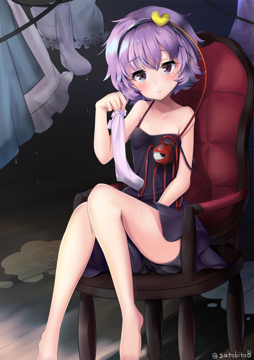 1girl alternate_costume bangs bare_arms bare_legs bare_shoulders barefoot black_dress black_hairband bloomers blush chair closed_mouth collarbone commentary_request dress drying drying_clothes eyebrows_visible_through_hair hairband hand_up head_tilt heart highres holding holding_socks komeiji_satori looking_at_viewer purple_eyes purple_hair satobitob short_hair sitting solo spaghetti_strap strap_slip sweatdrop third_eye touhou twitter_username underwear water water_drop wet wet_clothes wooden_floor