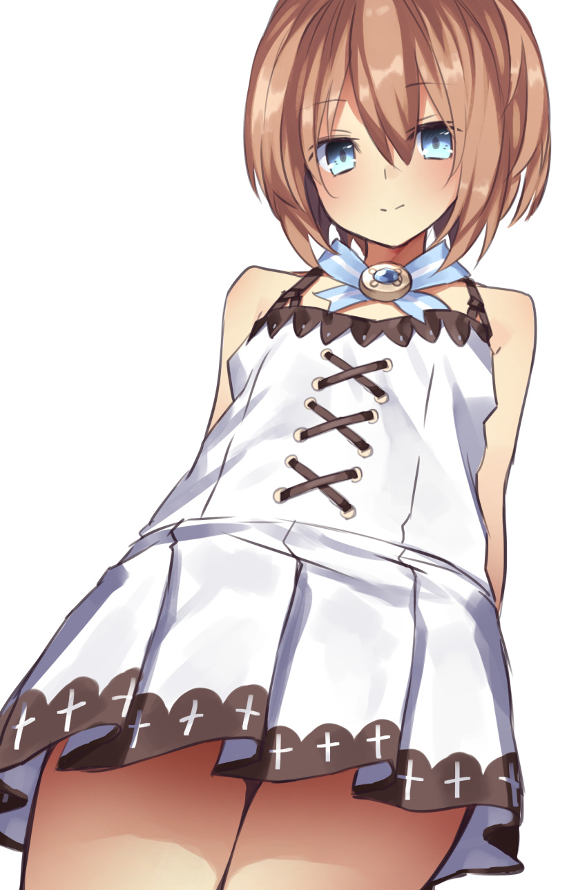 arms_behind_back bare_shoulders blanc blancpig_yryr blue_eyes brown_hair cowboy_shot dress highres looking_at_viewer neptune_(series) short_hair simple_background smile solo spaghetti_strap white_background white_dress