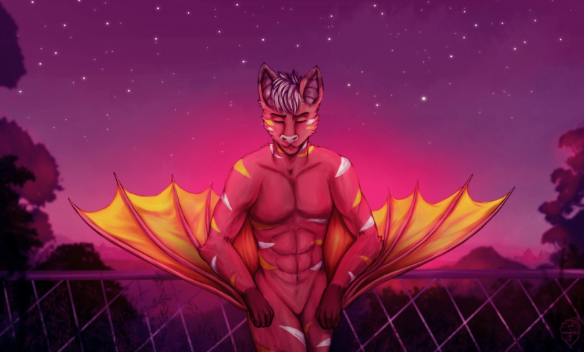 2018 anthro bat brown_fur dusk flying_fox fruit_bat fur glowing hair hi_res male mammal mirramortas nude outside solo specter_koen standing stripes tasteful_nudity warm_tones white_hair