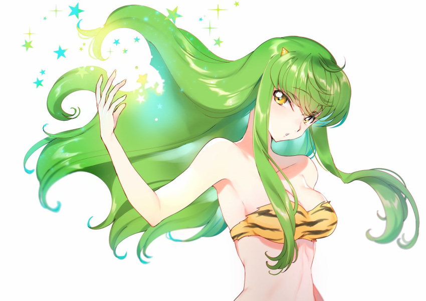 bare_shoulders bikini breasts c.c. cleavage code_geass commentary cosplay creayus eyebrows_visible_through_hair floating_hair green_hair hand_up long_hair looking_at_viewer lum lum_(cosplay) medium_breasts parted_lips solo sparkle star striped striped_bikini swimsuit twitter_sparkles upper_body urusei_yatsura white_background yellow_eyes