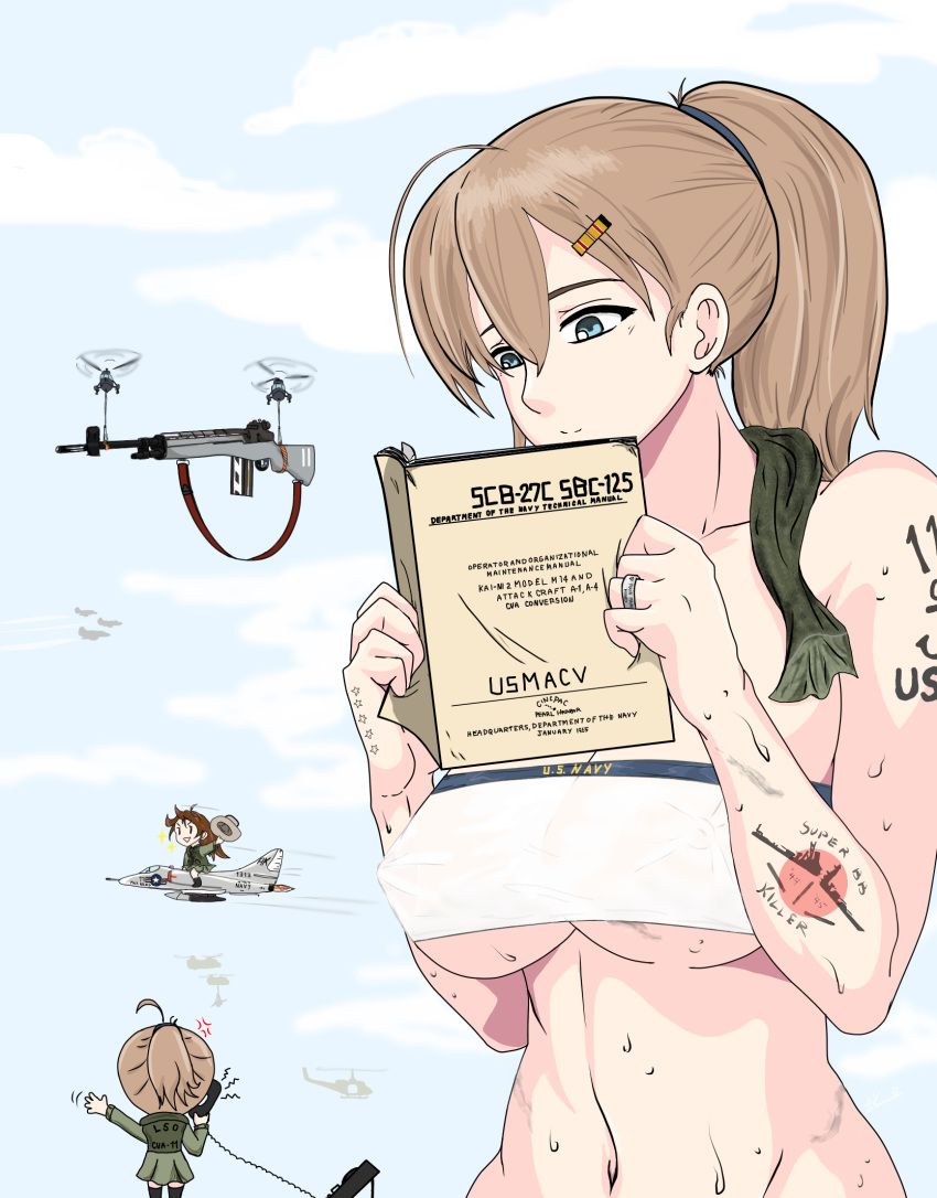 :d a-4_skyhawk ahoge anger_vein bare_shoulders battle_rifle blue_sky book breasts ch-47_chinook closed_mouth commentary covered_nipples gun hair_ornament hairclip highres holding holding_book intrepid_(kantai_collection) jewelry kantai_collection kilroylw large_breasts m14 navel open_mouth outdoors ponytail reading rifle ring sh-3_seaking sky smile sparkle sweat tattoo uh-1_iroquois underboob vietnam_war weapon wedding_band