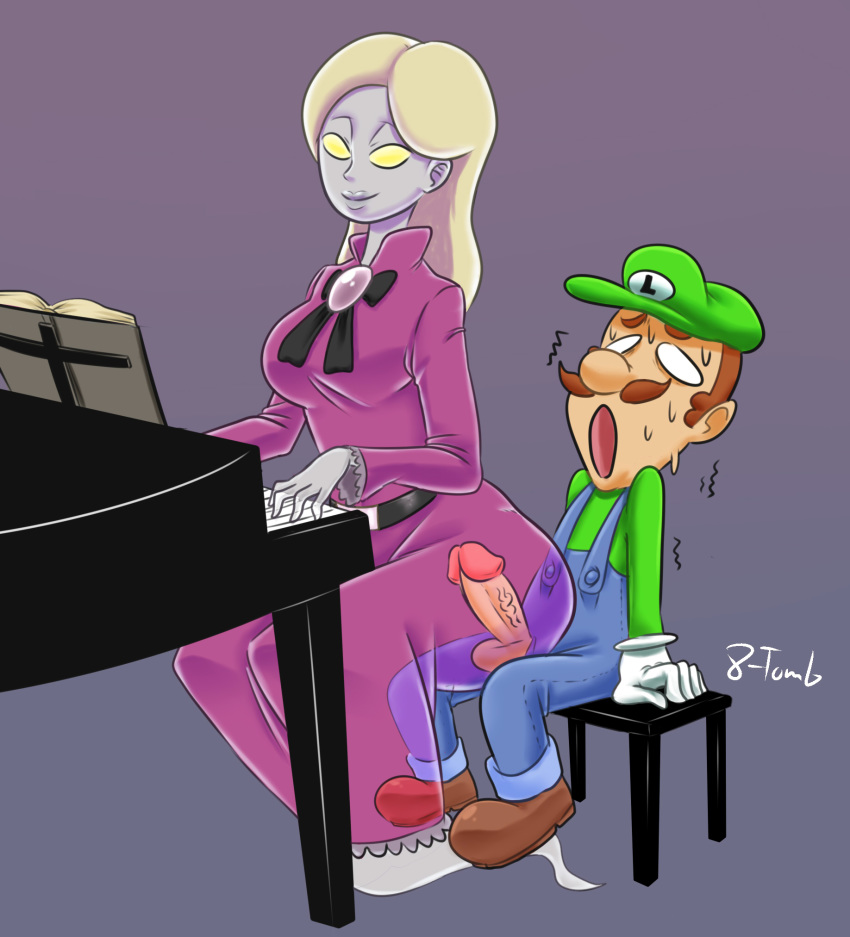8-tomb balls blonde_hair breasts brown_hair clothed clothing duo erection facial_hair female fully_clothed ghost hair hat hi_res human humanoid_penis larger_female lips luigi luigi's_mansion male male/female mammal mario_bros melody_pianissima multitasking musical_instrument mustache nintendo not_furry open_mouth overalls penis penis_through_fly piano playing_music playing_piano poking_out sex signature sitting size_difference smaller_male smile spirit sweat translucent video_games yellow_eyes